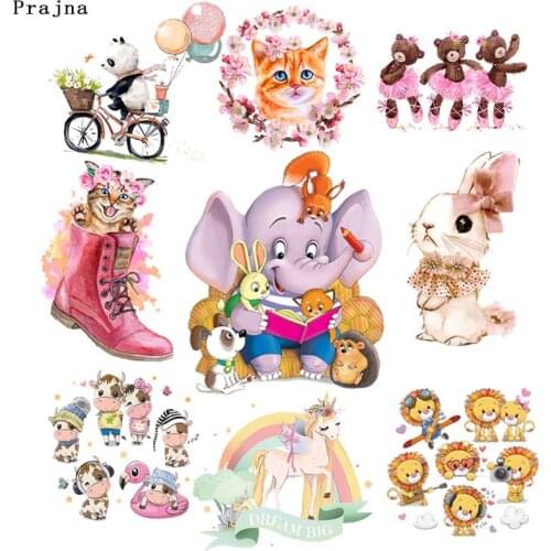 Prajna Elephant Iron On Transfer Patches Cat Rabbit Applique Iron On Patches For Clothes Kids DIY Cartoon Lion Thermal Sticker