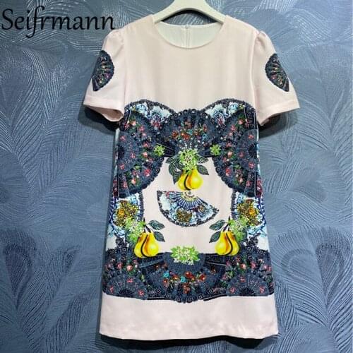 Seifrmann New 2021 Summer Women Fashion Runway Party Mini Dress Short Sleeve Gorgeous Crystal Beading Vintage A-Line Dresses