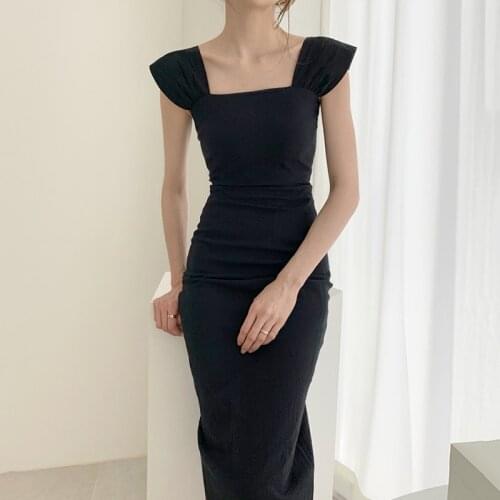 Fashion Smmer Korean Minimalism Vintage Square Collar Simple Dress Women Elegant Sheath Mid-calf Sexy Ladies Party Club Dress