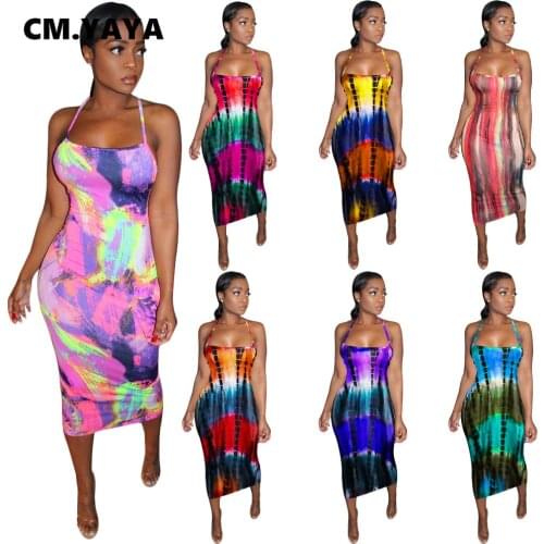 CM.YAYA Women Midi Dress Print Sleeveless Strap Slash Neck Stretchy Bodycon Dresses Sexy Fashion Party Vestidos Summer Outfits