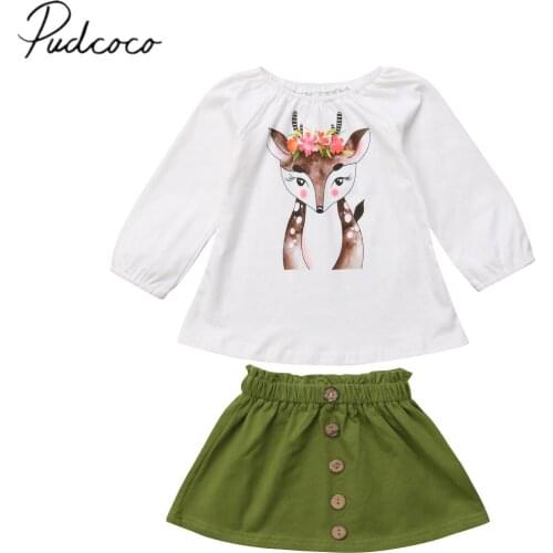2018 Brand New Autumn Infant Kids Baby Girls Sets 2PCS Long Sleeve Floral Deer White Sweatshirt Tops+ Button Skirts 6M-5T
