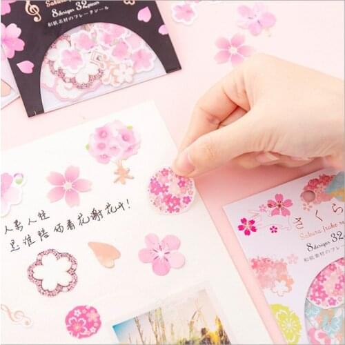 32pcs Flower Cherry Blossoms DIY Sticker Handbook Cartoon Cute Decoration Label Children Toys Diary Student Notebook Stationery