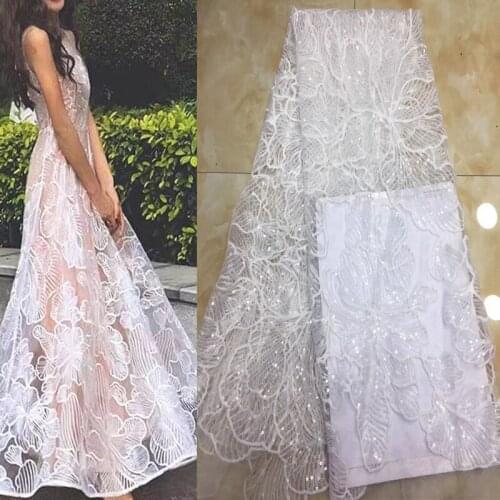 5yards/pc) fashion white African wedding tulle lace fabric excellent embroidered French net lace with sequins for party FZX038
