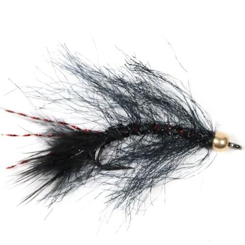 Bimoo 4PCS #6 Brass Bead Head Blood Sucking Black Leech Fly Trout Fly Fishing Leech Streamer red Flasher Tail Fly Fast Sinking
