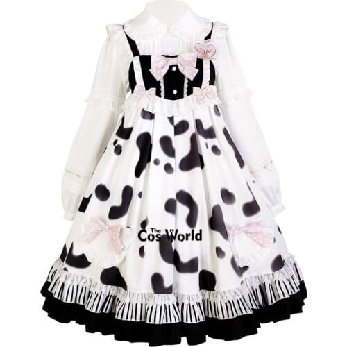 [Unknown Stars] Japanese Lolita Sweet Cow Milk Long Sleeve Bowknot One-piece Shirt Dresses Costumes