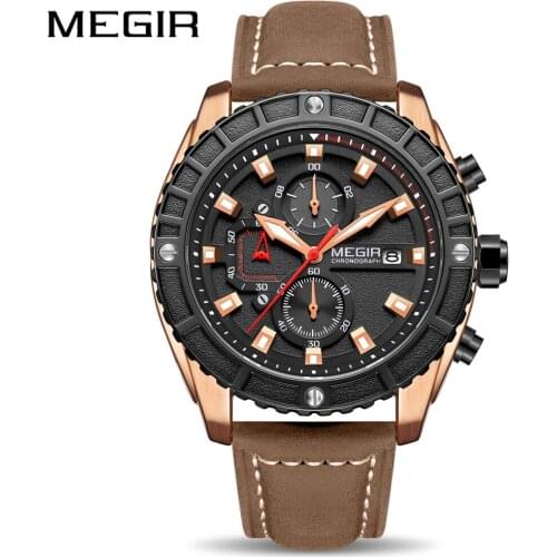 MEGIR New Fashion Mens Watches Top Brand Luxury Military Quartz Watch Leather Luminous Waterproof Sport Chronograph Watch Men