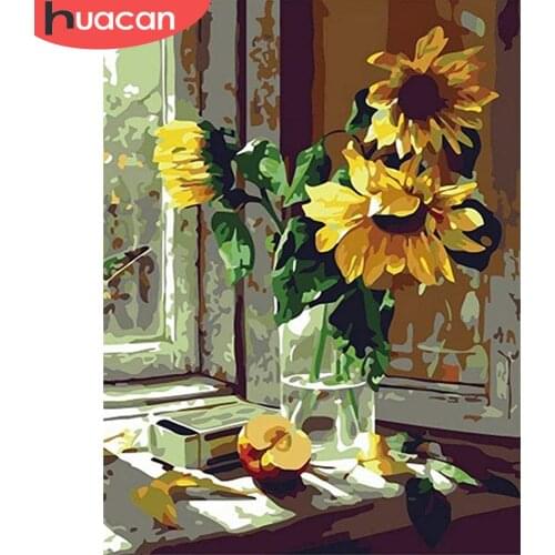 HUACAN Diamond Painting Sunflower Cross Stitch 5D DIY Diamond Embroidery Vase Needlework Full Square Round Drill Home Decoration