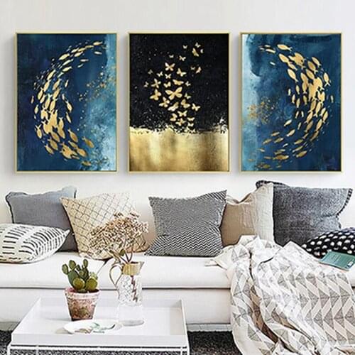 Nordic Style Blue Luxury Canvas Painting Gold Foil Fish Group Abstract Frameless Decorative Painting No Frame