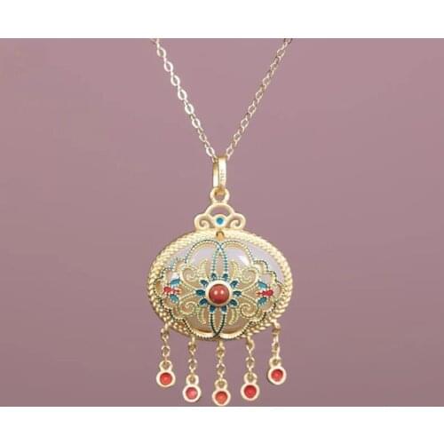 Natural Hetian White Jade Teether Enamel Porcelain Craft Necklace Bracelet Set Chinese Style Retro Charm Female Silver Jewelry