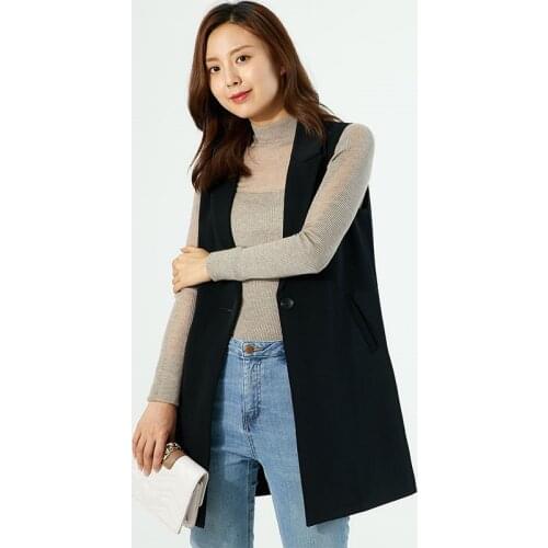 Spring Fall Korean Sleeveless Jacket Mid-Length Large Size Ladies Waistcoat Loose Suit Collar Slim Women Black Vest Blazer y628