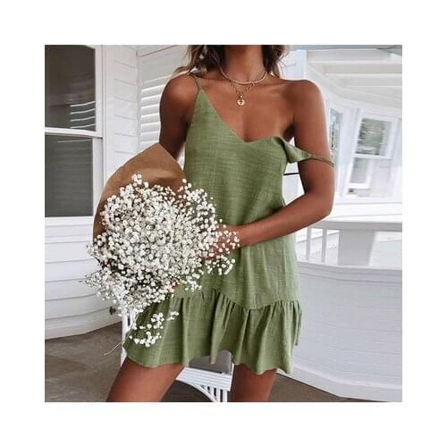 Summer Womens Solid Color Sleeveless Fashion Sexy Suspender V-Neck Open Back Womens Mini Dress