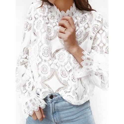 Summer Casual Womens Vogue Lace Hollow Slim Blouses Long Sleeve White Shirt Stylish