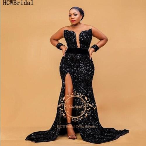 Maxi Black Sparkly Mermaid Evening Dress Sheer See Through Long Sleeves High Slit Sexy African Women Party Formal Evening Gown