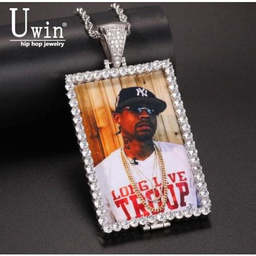 Uwin Custom Photo Rectangle Opens Necklace Men Charm HipHop Bling Iced Out Jewelry Solid back For Gift Tennis Chain