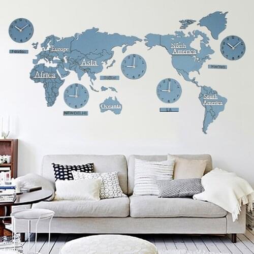 Large World Map Wall Clock Living Room Nordic 3D Sticker Wall Clock Wooden Creative Modern Self Adhesive Zegar Saat Wall Clocks