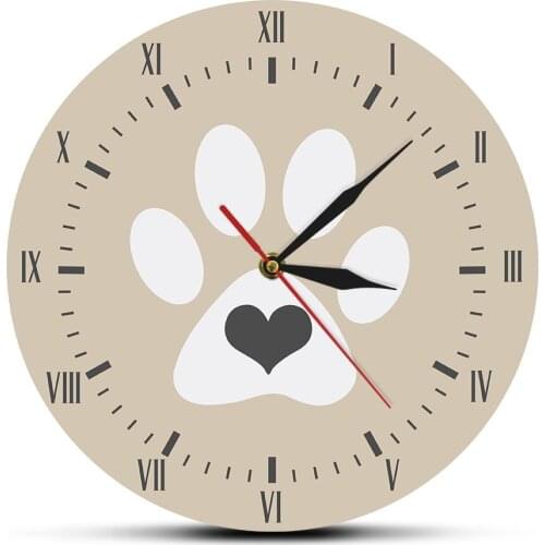 Gray Heart White Cat Paw Print Roman Numerals Vintage Modern Wall Clock Kitten Kitty Pussy Lovers Home Decor Hanging Wall Watch