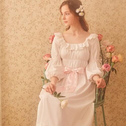 Cotton Nightgown Women Royal Vintage Sleepwear Casual Nightgown Ladies Nightdress Gows White Nightgown D