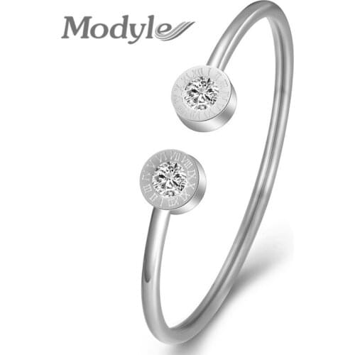 Modyle New Silver Color Stainless Steel Crystal Bracelets For Girl Women Roman Number Charm Bangle Birthday Gift