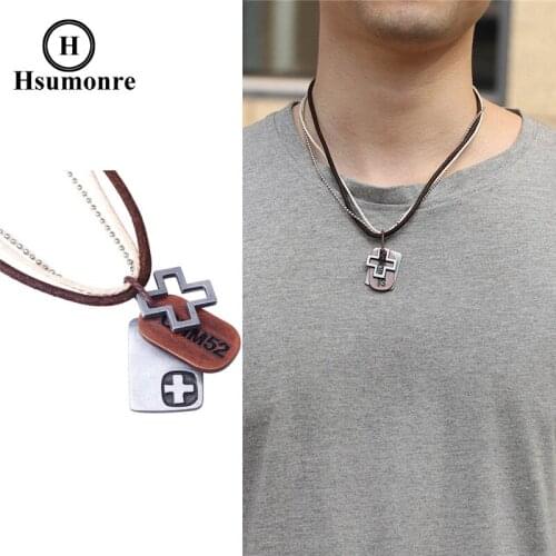 Cross Pendant Necklace Tag Charm Chain Brown Rope for Men Birthday Gift Jewelry Hip Hop NecKLace Streetwear Leather Necklace