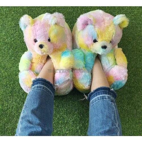 Plush Teddy Bear House Slippers Brown Women Home Indoor Soft Anti-slip Faux Fur Cute Fluffy home slippers Women Winter Warm Shoe