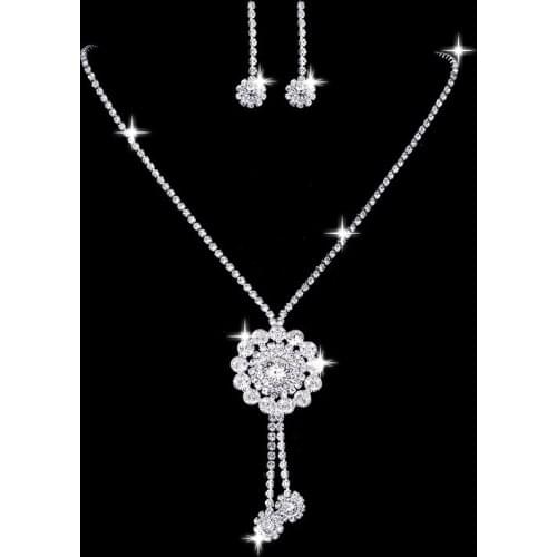 Luxury Female Flower Crystal Jewelry Set Charm Silver Color Wedding Dangle Earrings For Women Trendy White Zircon Chain Necklace
