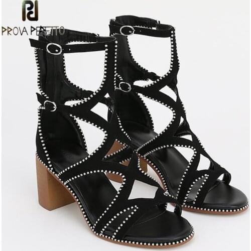 Thick-heeled High-heeled Sandals Summer New French Hollow Short Boots Shiny Rhinestone Open-toed Roman Sandals