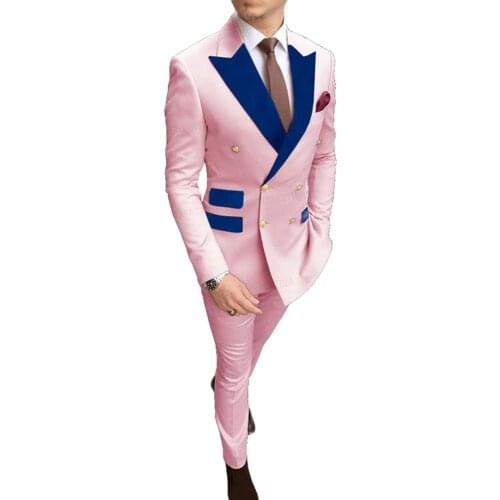 VEIAI 2021 Gold Button Blue Men Suit for Business Wear Jacket Custom Fashion Groom Wedding Suit Prom Tuxedo Blazer with Pants
