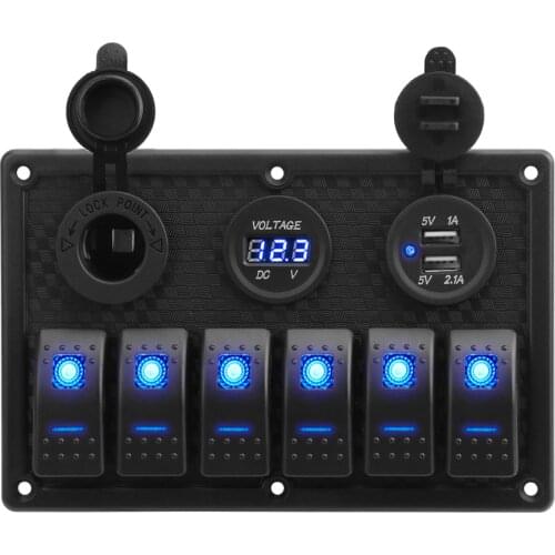 LEEPEE Waterproof Digital Voltage Display With Fuse 6 Gang Rocker Switch Panel 4.2A Dual USB Slot Socket