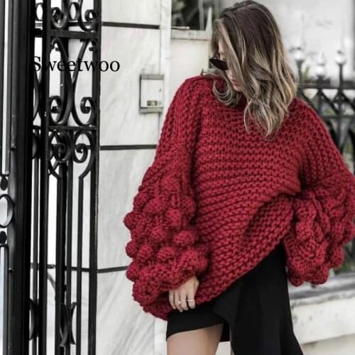 Lazy handmade knitted Pullover 3D Flower Hook Sweater Coarse wool Women Half turtleneck Rough wool 3D Yarn Balls Lantern Sleeved