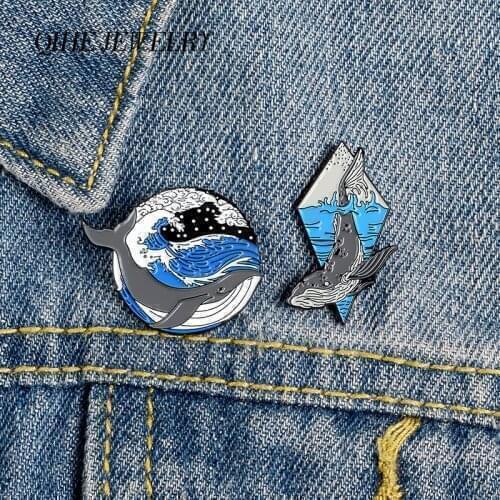 QIHE JEWELRY Ocean Big Animal Pins Whale Wave Lapel Enamel pins Fashion Brooches Badges Clothes Bags pins Gift for Kids Friends
