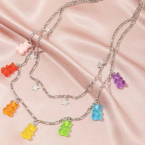 Handmade Cute Gummy Cartoon Star Bear Chain Layer Necklaces Candy Color Pendant For Women Female Daily Jewelry Party Gifts