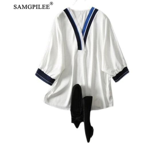 Summer Oversized T Shirt 2021 New Korean Style Women Casual Chiffon Striped V-neck Plus Size Half Sleeve Shirt Woman 4XL