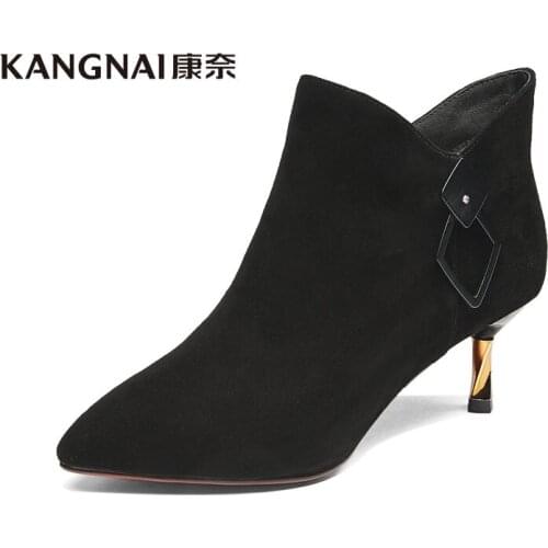 KANGNAI Women Boots Pointed Toe Kid Suede High Heels Office Black Ankle Boots Fashion Ladies Autumn Winter Shoes