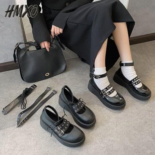 HMXO Mary Jane Retro Increased Shoes British Metal Buckle Shallow Fight Leather Shoes Female Jk Lolita Cute Japanese Flat Shoes