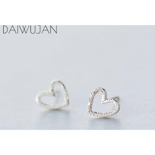 DAIWUJAN Real 925 Sterling Silver MInimalist Hollow Heart Love Cute Stud Earrings For Women Girl Party Jewelry Female Gift