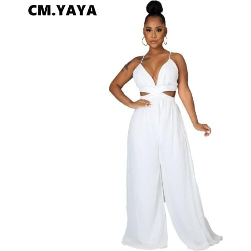CM.YAYA Women Jumpsuit Solid Chiffon Sleeveless V-neck Bandage Loose Straight Jumpsuits Sexy Fashion One Piece Overalss Summer