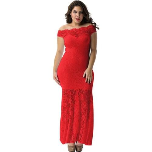 Short Sleeve Long Dresses Womens Cocktail Party Sexy Off Shoulder Bardot Lace Evening Gown Plus Size Fishtail Maxi Dress V1073