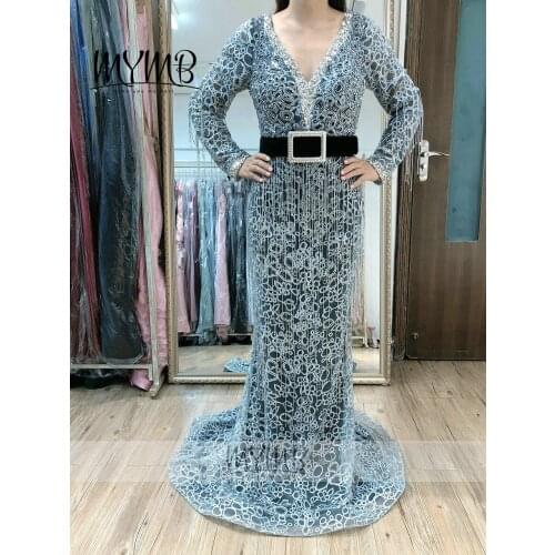 MYMB 2021 Long Sleeve V Neck Mother Dress Unique Fitted Grey Blue Lace Embroidery Wedding Party Evening Dress Tassel MY41128