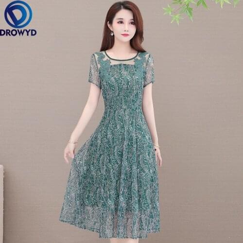 Printing Gauze Sweet A-line Floral Dress Women Fashion Elegant O-neck Mid-Calf Dress Ladies Korean Summer Short Sleeve Dresses