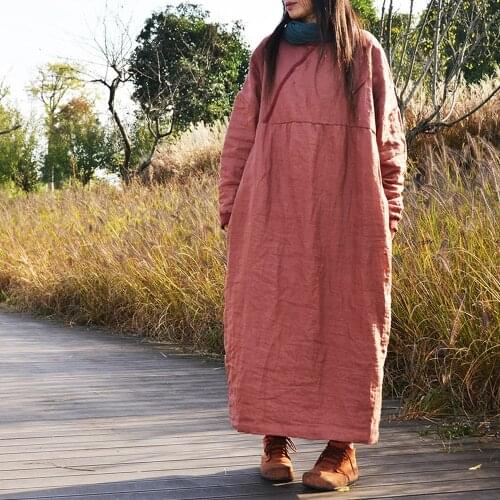 Johnature Women Vintage Cotton Linen Dresses O-Neck Long Sleeve Warm Robes Solid Color 2021 Autumn Winter New Loose Dresses