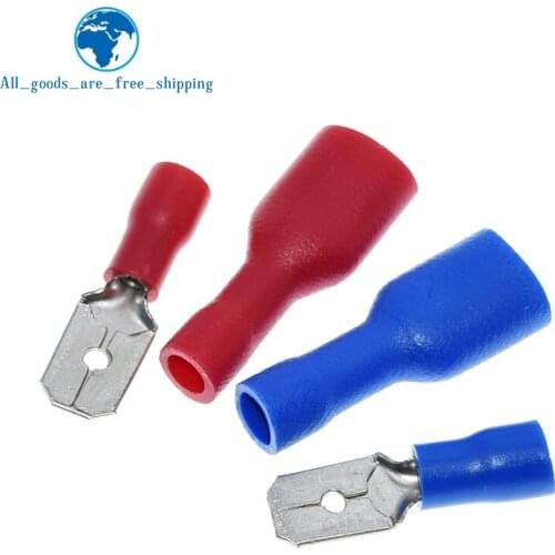 100pcs 50pairs 6.3mm 16-14AWG Female Male Electrical Wiring Connector Insulated Crimp Terminal Spade Blue Red FDFD2-250 MDD2-250