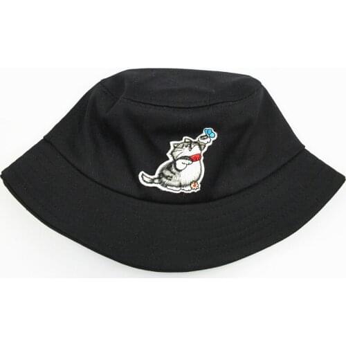 2021 Cat Animal Embroidery Cotton Bucket Hat Fisherman Hat Outdoor Travel Hat Sun Cap Hats for Men and Women