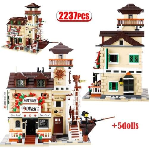 2237pcs City Fisherman Houseboat Restaurant Building Blocks Friends House Architecture Island Bricks Toys For Children Gifts