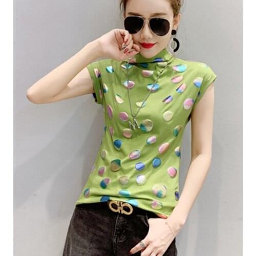 #5971 Green Black White T Shirt Women Short Sleeve O Neck Sexy Polka Dot Printed Turtleneck Tshirt Slim Cotton Basic Top Summer