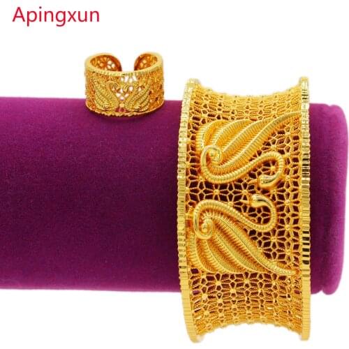 Apingxun Swan Bangle For Women Bridal Wedding 24K Gold Color Dubai Cuff Bracelet&Ring Set African Jewelry Middle East Party Gift