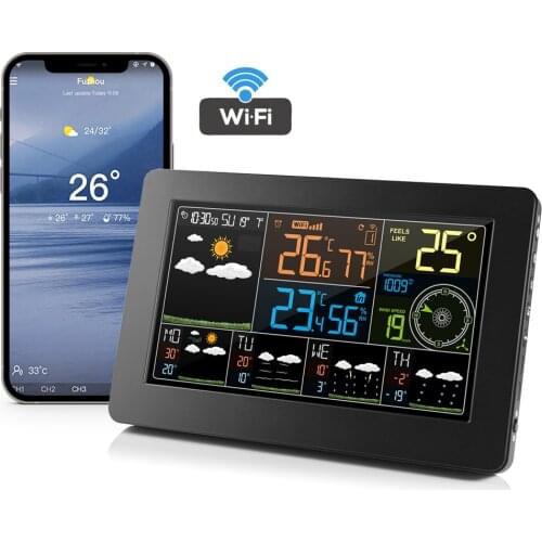 FanJu FJW4 Digital Alarm Wall Clock Weather Station wifi Indoor Outdoor Temperature Humidity Pressure Wind Weather Forecast LCD