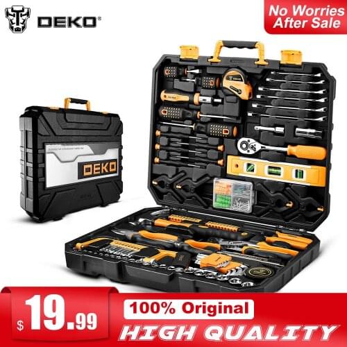 DEKO Hand Tool Set General Household Repair Hand Tool Kit with Plastic Toolbox Storage Case Socket Wrench Screwdriver Knife