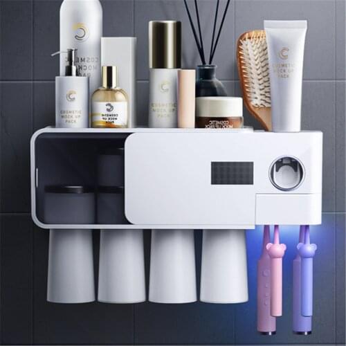 USB Charge UV Toothbrush Storage Holder Set with Cup Toothbrush Sterilizer Wall-Mounted Organizer Shelf Auto Toothpaste Squeezer