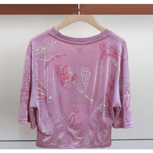 Quality Purple Summer High Autumn Tees Runway Fashion Luxury Beading Loose Casual Short Top T-Shirts
