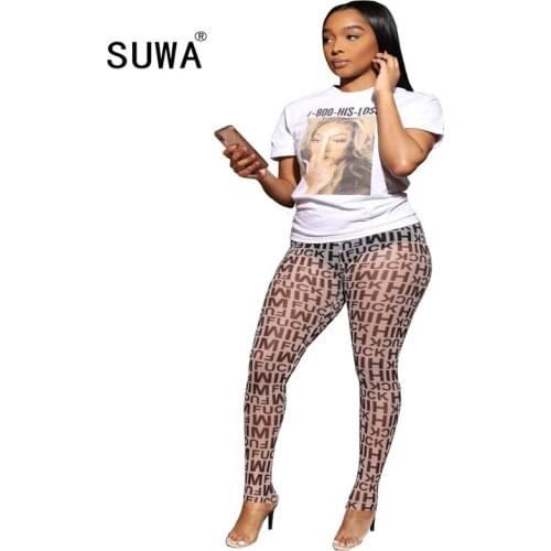 2020 hot sale simple solid color cute cartoon printing round neck short sleeves top and perspective leggings 2 pieces set sexy